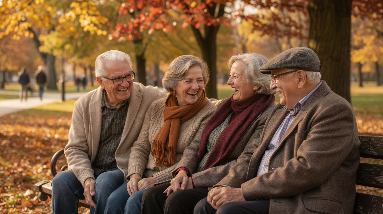Group of smiling Slovak seniors sitting together in a sunny park during a social gathering