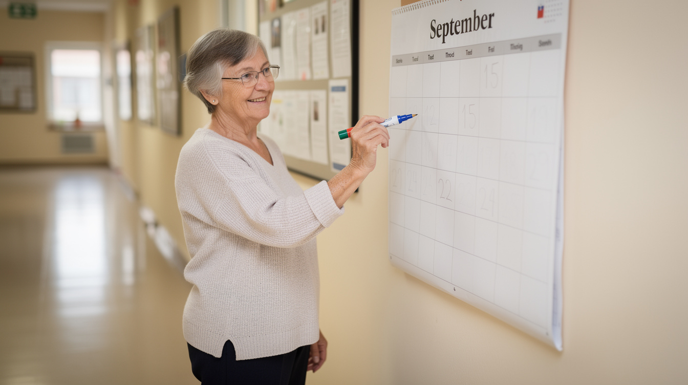 Senior woman marking dates on a large wall calendar with a marker