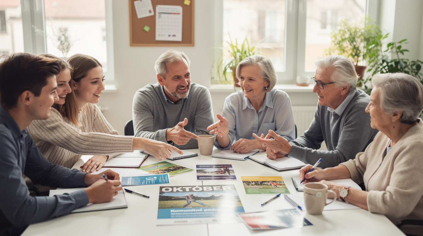 Volunteers and seniors planning community activities around a table with notes and a calendar