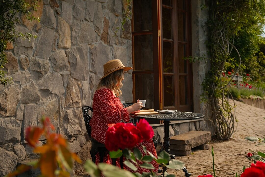senior eating salad outdoors