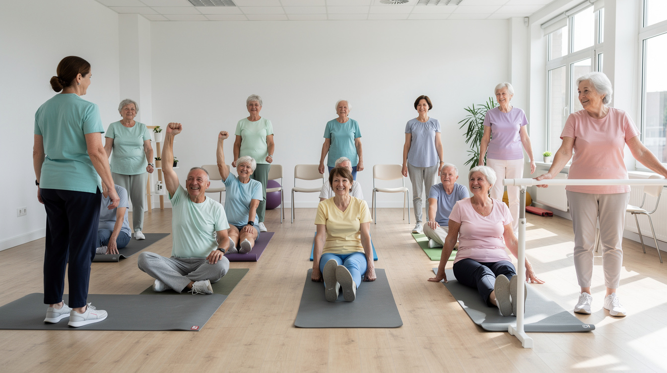 Seniors doing gentle stretching exercises together in a fitness hall